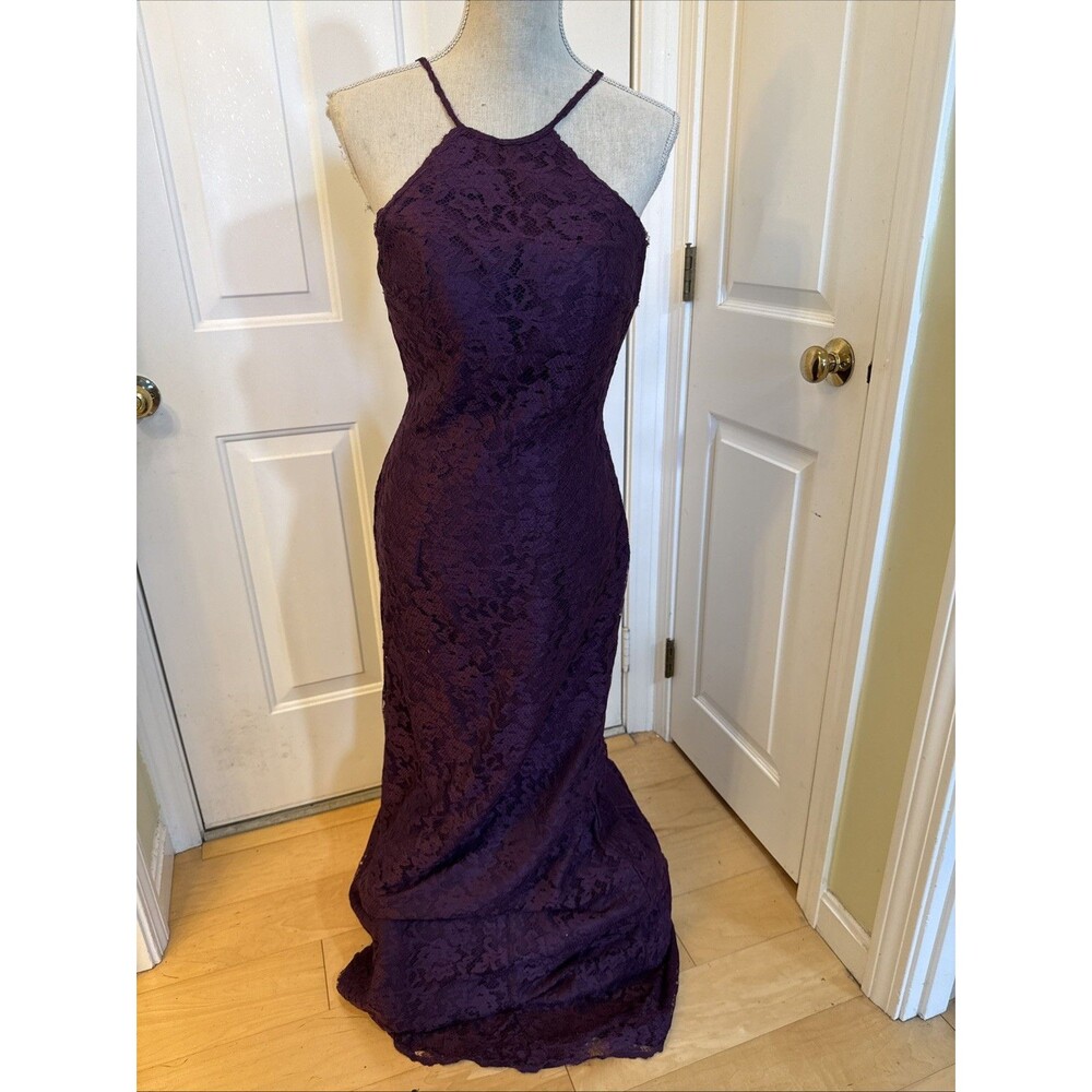 PURPLE LACE Bari Jay dress size 8 gown long maxi lace sleeveless halter dress